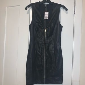 Black leather v-neck mini dress